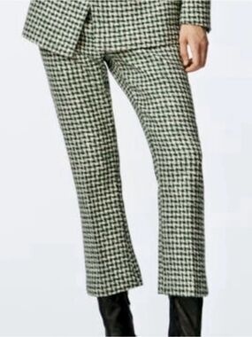 Zara Textured Houndstooth Pants Green White Cropped Wide Leg Women XL
